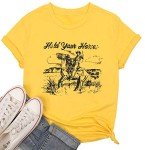 Hold Your Horses T Shirt Women Funny Rodeo Graphic Tees Vintage Cowboy Vacation Short Sleeve Shirts Tops (L, Yellow)