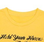 Hold Your Horses T Shirt Women Funny Rodeo Graphic Tees Vintage Cowboy Vacation Short Sleeve Shirts Tops (L, Yellow)