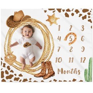 Gicoherero Cowboy Baby Milestone Blanket with Felt Horseshoe Frame Western Theme Cow Print Photo Props My First Rodeo Birthday Party Supplies