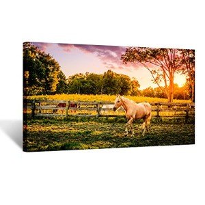 KREATIVE ARTS - Large Size Horse of a Farm Canvas Prints Wall Art Picture Modern Sunset Landscape Wild Animal High Definition Print Painting for Hotel Wall Decor Ready to Hang 20x36inch
