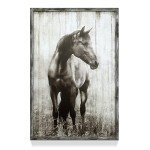 Horse Wooden Farmhouse Wall Art: Farmed Rustic Gray Horse Decor Nature Wildlife Portrait Painting Western Animals for Bedroom Farm 16x12