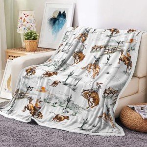 Western Cowboy Blanket, Wild West Cowboy Ride Horse Desert Cactus Cozy Warm Bed Couch Throw Blanket, Farmhouse Country American West Theme Fleece Flannel Throws to Decorate The Room and Bedroom