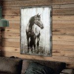 Horse Wooden Farmhouse Wall Art: Farmed Rustic Gray Horse Decor Nature Wildlife Portrait Painting Western Animals for Bedroom Farm 16x12
