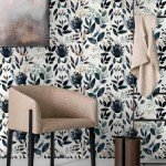 MuralPeel Dark Blue/Yellow Leaf Floral Vintage Ink Navy Plant Peel and Stick Wallpaper Easy Peel Off Self Adhesive Removable Stick on Wall Paper for Kitchen Cabinet Renter Friendly