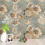 ReWallpaper 17.5in X 23ft Peel and Stick Wallpaper Antique Gold Teal Floral & Birds Self Adhesive Removable Floral Wallpaper for Bedroom Renter Friendly Floral Contact Paper for Walls Cabinets Shelves