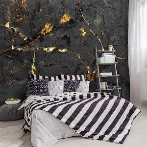 YIHWM -Black and Gold Marbled Fabric Wallpaper Dark Abstraction Art Living Room Bedroom Bathroom Wall Mural- 91"x65"（ not Peel and Stick）