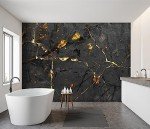 YIHWM -Black and Gold Marbled Fabric Wallpaper Dark Abstraction Art Living Room Bedroom Bathroom Wall Mural- 91"x65"（ not Peel and Stick）
