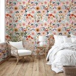 HAOKHOME Boho Peel and Stick Wallpaper Floral Wall Paper Removable for Bedroom White/Pink/Orange Contact Paper 17.3in x 9.8ft