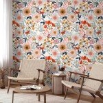 HAOKHOME Boho Peel and Stick Wallpaper Floral Wall Paper Removable for Bedroom White/Pink/Orange Contact Paper 17.3in x 9.8ft