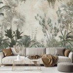 FWIEXA Tropical Botanical Wallpaper, Foggy Forest Wall Mural, Modern Floral Mural Wallpaper for Living Room, Bedroom, Large Background - 141" W x 96" H (Not Peel and Stick)