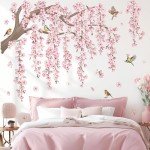 decalmile Large Pink Flower Tree Branch Wall Decals Cherry Blossom Tree Floral Birds Wall Stickers Living Room Bedroom Tv Background Wall Decor