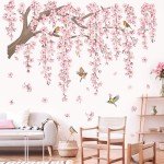 decalmile Large Pink Flower Tree Branch Wall Decals Cherry Blossom Tree Floral Birds Wall Stickers Living Room Bedroom Tv Background Wall Decor