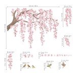 decalmile Large Pink Flower Tree Branch Wall Decals Cherry Blossom Tree Floral Birds Wall Stickers Living Room Bedroom Tv Background Wall Decor