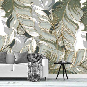 Bormia Wall Mural Hand-Painted Tropical Plants Leaves Lines Light Luxury Wallpaper for Living Room Bedroom 151"x105" (Not Self-Adhesive)