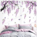 wondever Large Flower Tree Branch Wall Stickers Purple Hanging Vine Floral Butterflies Peel and Stick Wall Art Decals for Living Room Bedroom TV Wall