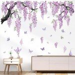 wondever Large Flower Tree Branch Wall Stickers Purple Hanging Vine Floral Butterflies Peel and Stick Wall Art Decals for Living Room Bedroom TV Wall