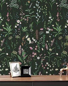 JiffDiff Floral Wallpaper Peel and Stick Farm Floral 236" x 17.3" Wildwood Wall Paper Dark Self Adhesive Contact Paper Stick on Wallpaper Coverage 30 sq.ft