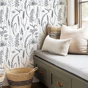JiffDiff Black and White Peel and Stick Wallpaper Vintage Floral Contact Paper Wheat Meadow Removable Self Adhesive Wal Paper 17.3in x 39.3ft
