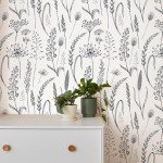 JiffDiff Black and White Peel and Stick Wallpaper Vintage Floral Contact Paper Wheat Meadow Removable Self Adhesive Wal Paper 17.3in x 39.3ft