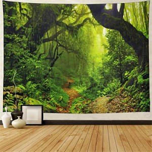 Leofanger Misty Forest Tapestry Nature Green Tree Wall Tapestry Virgin Rainforest Landscape Wall Hanging for Bedroom Living Room (59.1" × 78.7")