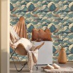 MuralPeel Vinatge Janpanese Sea Wave Blue/Yellow Mosaic Peel and Stick Wallpaper Self Adhesive