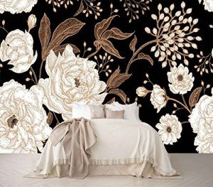 Reyhui Wall Mural Peonies and Roses Floral Vintage Wallpaper Seamless Gold White Flowers Wall Coverings for Living Room Bedroom Kids Room（Not Peel and Stick）