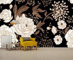 Reyhui Wall Mural Peonies and Roses Floral Vintage Wallpaper Seamless Gold White Flowers Wall Coverings for Living Room Bedroom Kids Room（Not Peel and Stick）