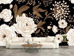 Reyhui Wall Mural Peonies and Roses Floral Vintage Wallpaper Seamless Gold White Flowers Wall Coverings for Living Room Bedroom Kids Room（Not Peel and Stick）