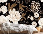 Reyhui Wall Mural Peonies and Roses Floral Vintage Wallpaper Seamless Gold White Flowers Wall Coverings for Living Room Bedroom Kids Room（Not Peel and Stick）