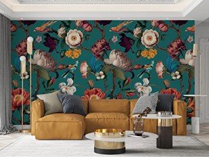 Floral Wall Mural Peel and Stick Wallpaper 148" W x 98" H Removable Large Mural Vintage Wall Paper Self-Adhesive Wall Mural for Bedroom Livingroom Home Art Decor Dark Blue Mural Wallpaper