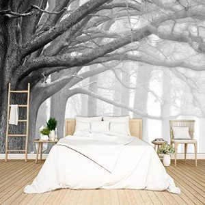 BZHXBZ - Beautiful Nature Grey Forest Wallpaper Big Tree Jungle Landscapes Bedroom Black and White Scenery murals Office Decor Living Room tv Background Large Wall Mural - 91"x65" Not Peel and Stick