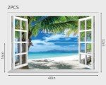 FLFK Fake Window Wall Mural - Beach Palm Trees Faux Window Wall Sticker for Wall Decor, Stick and Peel Wall Decals,48"x32",Set of 2 Sheets