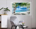 FLFK Fake Window Wall Mural - Beach Palm Trees Faux Window Wall Sticker for Wall Decor, Stick and Peel Wall Decals,48"x32",Set of 2 Sheets