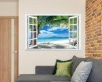 FLFK Fake Window Wall Mural - Beach Palm Trees Faux Window Wall Sticker for Wall Decor, Stick and Peel Wall Decals,48"x32",Set of 2 Sheets