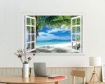 FLFK Fake Window Wall Mural - Beach Palm Trees Faux Window Wall Sticker for Wall Decor, Stick and Peel Wall Decals,48"x32",Set of 2 Sheets
