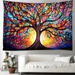Tree of Life Wall Hanging Decor Tapestry with Stained Glass Colorful Wall Art Large Tapestry Mural Decor Photograph Backdrop Blanket Curtain Home Bedroom Living Room Decoration