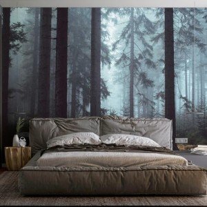 Forest Wall Mural Woodland Wallpaper Mural 148" Wx 98" H Foggy Large Peel and Stick Mural Paint Canvas Removable Art Murals for TV Background Bedroom Office, Dark Blue