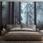 Forest Wall Mural Woodland Wallpaper Mural 148" Wx 98" H Foggy Large Peel and Stick Mural Paint Canvas Removable Art Murals for TV Background Bedroom Office, Dark Blue