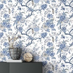 Drydiet Chinoiserie Peel and Stick Wallpaper 118.1" x 15.75" Removable Self Adhesive Wallpaper Floral Birds Contact Jacobean Vintage Contact Paper for Bedroom(Blue and White)