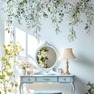 VePret Green Plants Leaves Wall Decals Peel and Stick, Large Floral Flowers Wall Stickers, Removable Vine Home Decor Art for Bedroom Living Room Classroom Office