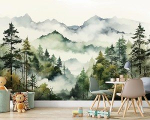 Watercolor Forest Mountain Mural Wallpaper, Foggy Tree Ink Wall Mural, Natural Mural, Misty Abstract Botanical Wallpaper for Living Room Bedroom Dinning Room141 x96(Not Peel and Stick)