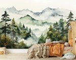 Watercolor Forest Mountain Mural Wallpaper, Foggy Tree Ink Wall Mural, Natural Mural, Misty Abstract Botanical Wallpaper for Living Room Bedroom Dinning Room141 x96(Not Peel and Stick)
