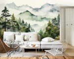 Watercolor Forest Mountain Mural Wallpaper, Foggy Tree Ink Wall Mural, Natural Mural, Misty Abstract Botanical Wallpaper for Living Room Bedroom Dinning Room141 x96(Not Peel and Stick)