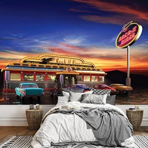 wall26 - Retro American Diner at Dusk - Removable Wall Mural | Self-Adhesive Large Wallpaper - 100x144 inches