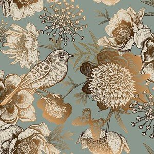 ReWallpaper Vintage Gold Floral Wallpaper Garden Bird Flower Peel and Stick Wallpaper for Bedroom Accent Wall 17.5in X 10ft Dark Cyan Teal Contact Paper for Cabinets Peel & Stick Vinyl Wall Paper