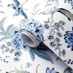 Drydiet Chinoiserie Peel and Stick Wallpaper 118.1" x 15.75" Removable Self Adhesive Wallpaper Floral Birds Contact Jacobean Vintage Contact Paper for Bedroom(Blue and White)
