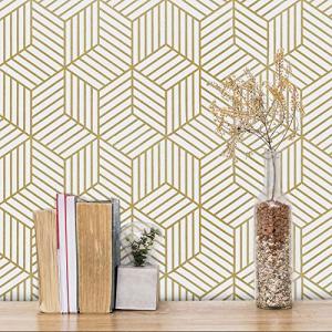 MelunMer Geometric Peel and Stick Wallpaper Gold 197In L 17.7In W Self Adhesive Removable Wallpaper for Bedroom/Bathroom Waterproof Modern Contact Paper for Cabinets Gold Contact Paper Shelf Liner