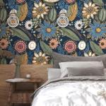 Blue Boho Wallpaper Peel and Stick,Vintage Floral Contact Paper 17.5" x 393.7", Retro Flower Paisley Botanical Wall Paper Self Adhesive Removable Waterproof for Walls Shelves Cabinet Table Decoration