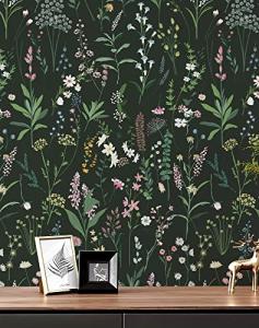JiffDiff Floral Wallpaper Peel and Stick 118" x 17.3" Farm Floral Wildwood Stick onWall Paper Dark Self Adhesive Contact Paper Coverage 14.2 sq.ft