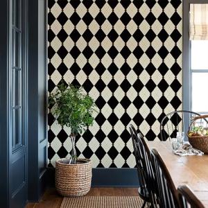 Simon&Siff Retro Peel and Stick Wallpaper Black and White Wallpaper Vintage Plaid British Geometric Wall Paper for Bathroom Kitchen Cabinet Contact Paper 17.3"x236"